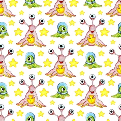 Fotobehang Seamless watercolor painting of aliens and stars. Hand drawn background doodle cosmic pattern. Cute green and pink humanoids. Garment print, design, wrapping paper. Isolated over white background. © AliCris