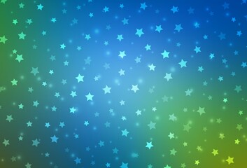 Light Blue, Green vector background with beautiful snowflakes, stars.