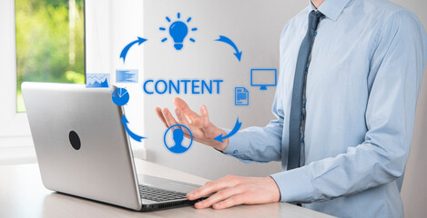 Content marketing cycle - creating, publishing, distributing content for a targeted audience online and analysis.