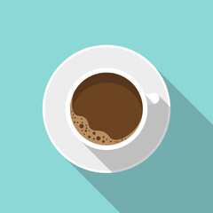 White cup of coffee with a saucer, top view. Flat design illustration with long shadow, vector.