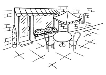 Coloring book. Cozy outdoor cafe in the open air. A table with a chairs. Hand drawn sketch. Vintage style. Black and white vector illustration isolated on white background.