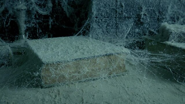 Old Book Covered In Cobwebs And Dust
