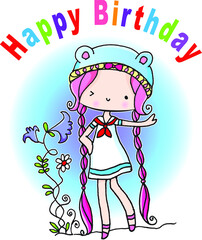 Cartoon little princess holding birthday cake happy birthday card