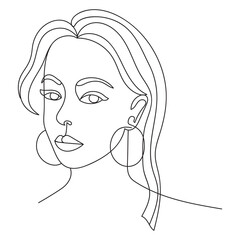 Young beautiful woman. One line drawing. Design element. Vector illustration isolated on white background. Template for books, stickers, posters, cards, clothes.