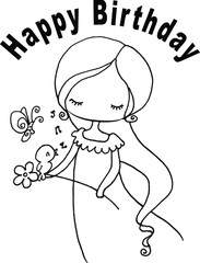 Cartoon little princess holding birthday cake happy birthday card