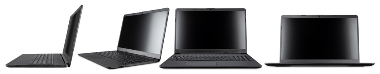 set collection of modern open black mobile laptop notebook computer with copy space and  blank...