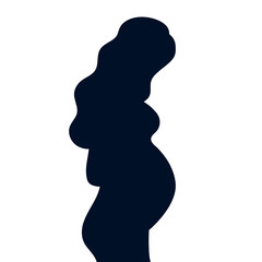 Pregnant girl. Black silhouette. Woman with long hair and in a dress. The joy of motherhood. Waiting for the birth of a child. Simple flat color vector illustration.