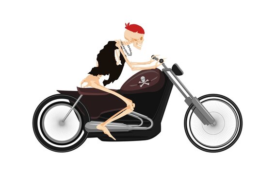 Skeleton biker on motorcycle. Dead man in bandana rushes on vintage chopper creep ghost rider sets out on vector hunt.