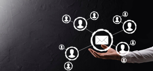 Email and user icon,sign,symbol marketing or newsletter concept, diagram.Sending email.Bulk mail.Email and sms marketing concept. Scheme of direct sales in business. List of clients for mailing.