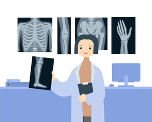 Fototapeta na wymiar Female doctor with xrays of parts of human skeleton. Scientist in coats examining structure of bones diagnostics bone and internal vector diseases.