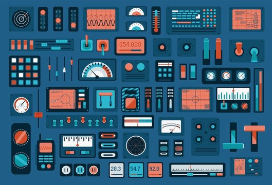 Gauges And Sensors Collection. Relays And Switches For Technical Equipment And Machines Dashboard Indicators For Modern Vector Transport.