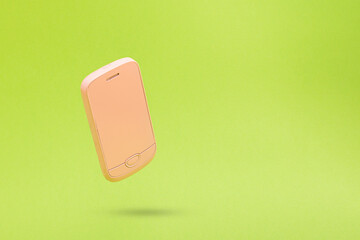 Blank copy space with pink 3d smartphone icon against green background. 3D illustration design template background. Top mobile phone message. Advertisement idea. Empty copy space for ad
