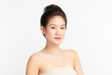 Beautiful young asian woman with clean fresh skin on white background, Face care, Facial treatment, Cosmetology, beauty and spa, Asian women portrait.