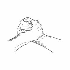 Drawing, engraving, ink, line art, vector illustration friend hands together concept sketch in silhouette on a white background.