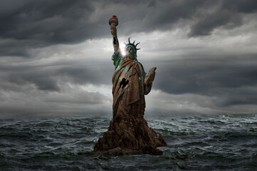 Statue of Liberty half destroyed in the middle of the sea