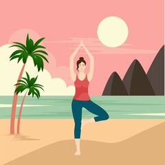 Obraz na płótnie Canvas woman jogging on the beach Yoga pose