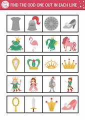 Find the odd one out. Fairytale logical activity for children. Magic kingdom educational quiz worksheet for kids for attention skills. Simple printable game with cute characters and objects.
