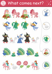 What comes next. Fairytale matching activity for preschool children with traditional fantasy creatures. Funny magic kingdom puzzle. Fall logical worksheet. Continue the row game with dragon, mermaid.