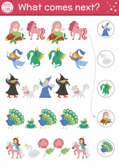 Fototapeta premium What comes next. Fairytale matching activity for preschool children with traditional fantasy creatures. Funny magic kingdom puzzle. Fall logical worksheet. Continue the row game with dragon, mermaid.