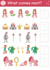 What comes next. Fairytale matching activity for preschool children with traditional fantasy symbols and characters. Funny magic kingdom puzzle. Fall logical worksheet. Continue the row game..