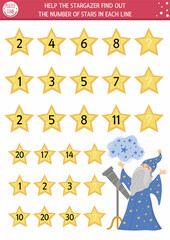 Help the stargazer find out the number of stars. Continue the row game with numerals and cute fairytale character. Magic kingdom logical math activity for preschool kids.