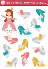 Find pairs of princess shoes. Fairytale matching activity for children. Magic kingdom educational quiz worksheet for kids for attention skills. Simple printable game with cute Cinderella girl.