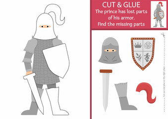 Vector fairytale cut and glue activity. Magic kingdom educational crafting game. Find missing parts of knight armor. Fairy tale printable page for kids with sward, shield, helmet..