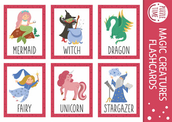 Vector fairytale flash cards set. English language game with cute dragon, mermaid, unicorn for kids. Fantasy creatures flashcards with fantasy characters. Simple educational printable worksheet..