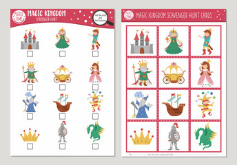 Vector fairytale scavenger hunt cards set. Seek and find game with cute castle, king, princess, dragon for kids. Magic kingdom searching activity. Simple educational printable worksheet.