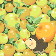 Ripe apples. Funny hedgehog. Sweet vector fruits with cartoon character. Apple pattern, background.