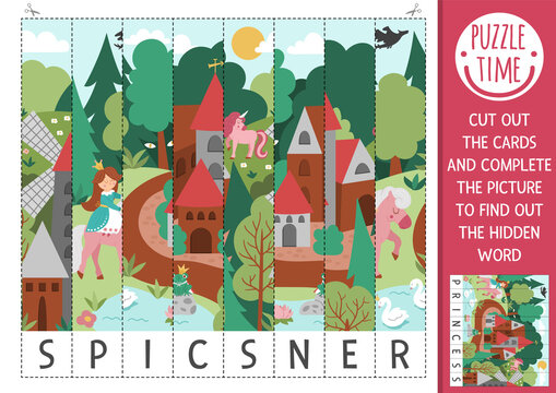 Vector fairytale scrambled picture. Cut and glue activity with hidden word. Magic kingdom crafting game with cute scene with princess. Fun printable worksheet for kids.