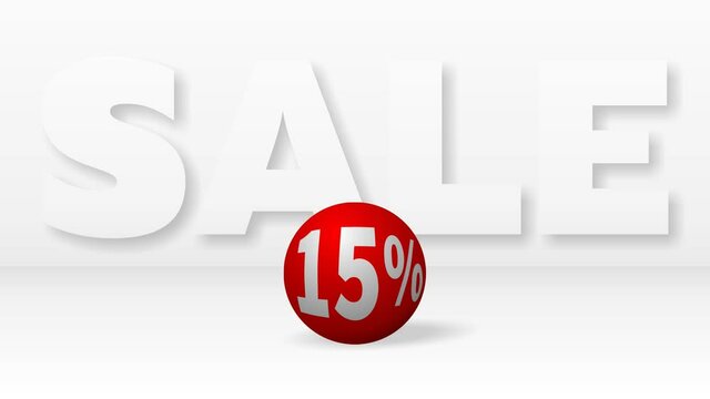 A beautiful red ball with 15 percent discount rolling against big white letters SALE
