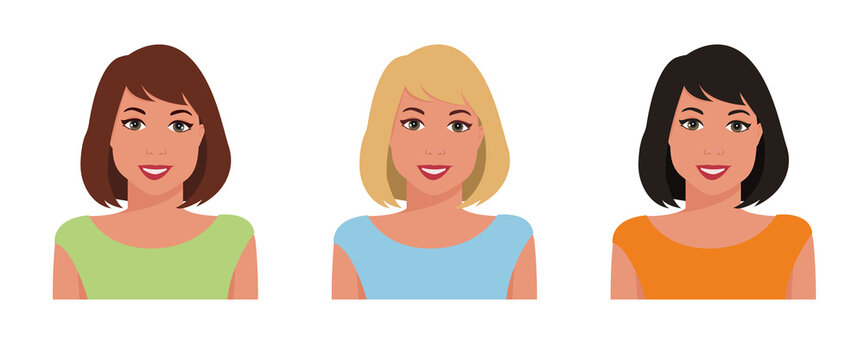 A set of cute girls with different colors and medium-length hairstyles. Brown-haired, blonde, brunette are isolated. Perfect for avatars, website icons, beauty salon prints