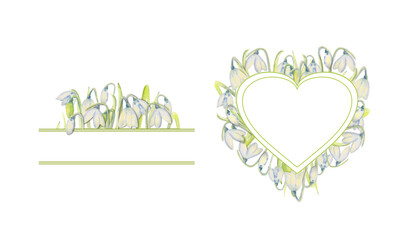 Set of romantic spring frames with snowdrops on the outer edge on a white isolated background. Watercolor painting.