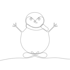 Stylized cute snowman. Continuous One Line Drawing. Outline style. Vector illustration for decor, greeting cards, posters, prints for clothes, emblems.