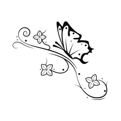 Abstract Butterfly Insect With Plants Botanical Flower Bruch Doodle Outline Vector Design Style