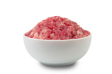 Raw fresh minced pork meat in white bowl isolated on white background with clipping path.