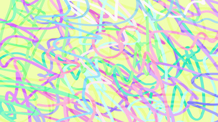 Drawn doodle doodles. Contemporary modern trendy vector illustrations. Pastel colors. Yellow background with chaotic colored lines, pink, blue, green, blue, purple.