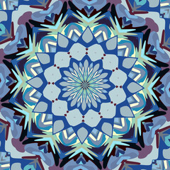 Blue white pink geometries abstract pattern with flowers