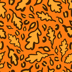 Fall Leopard or jaguar seamless pattern made of oak leaves. Trendy animal print with autumn colors. Vector background for fabric, wrapping paper, textile, wallpaper, etc