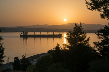 Canakkale city and sunrise from gallipoli strait, Canakkale - TURKEY