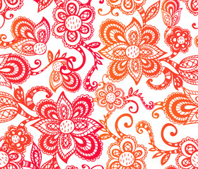 Seamlesss Pattern with Hand Drawn Floral Ornament. Red-Orange Gradient. Vector Illustration.