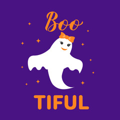 Bootiful Boo-tiful lettering. Funny Halloween pun quote. Cute ghost character. Vector template for typography poster, greeting card, banner, etc