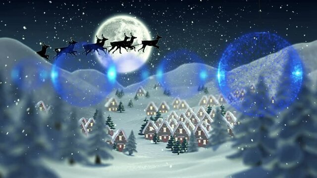 Animation of santa sleigh and christmas baubles over winter landscape