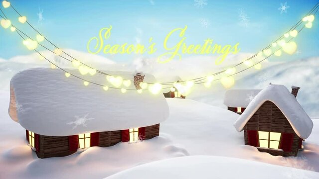 Animation of christmas greetings and lights over winter landscape
