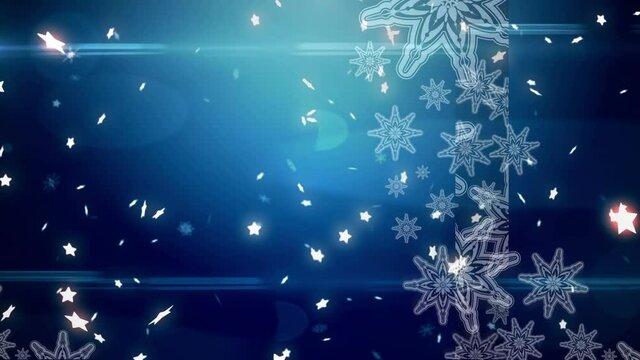 Animation of stars and snowflakes on blue background