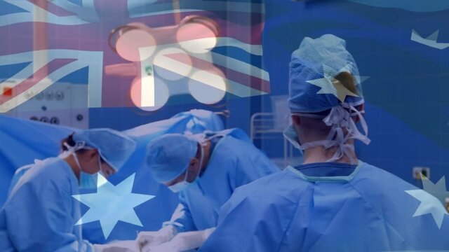 Animation of flag of australia over surgeons in operating theatre