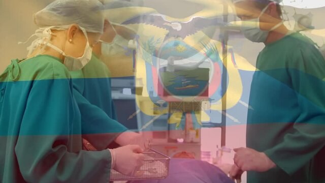 Animation of flag of equador over surgeons in operating theatre