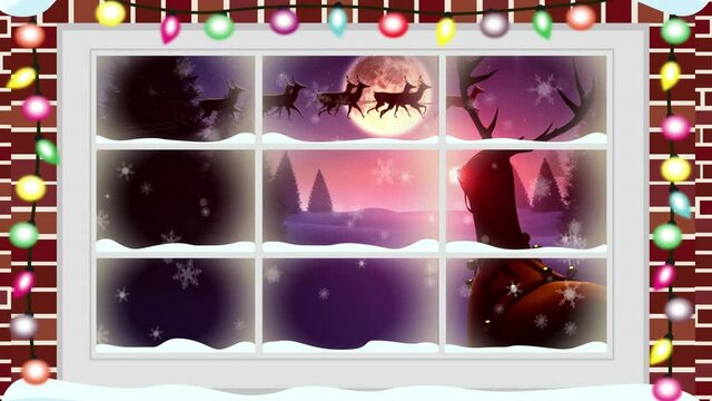 Animation of winter christmas scene with santa sleigh and reindeer seen through window