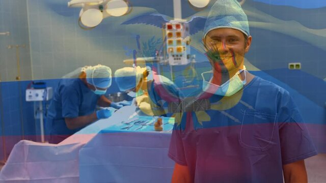 Animation of flag of equador waving over surgeons in operating theatre
